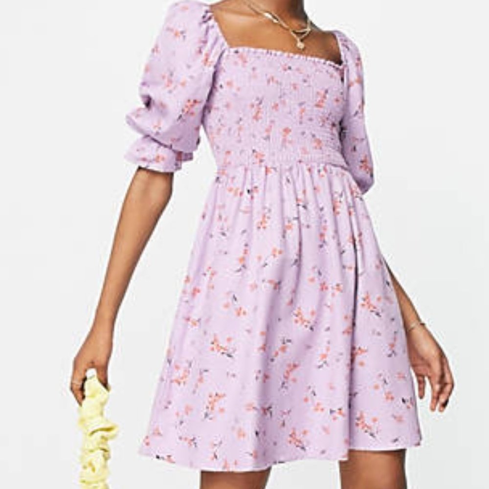 New Look shirred mini dress in lilac floral